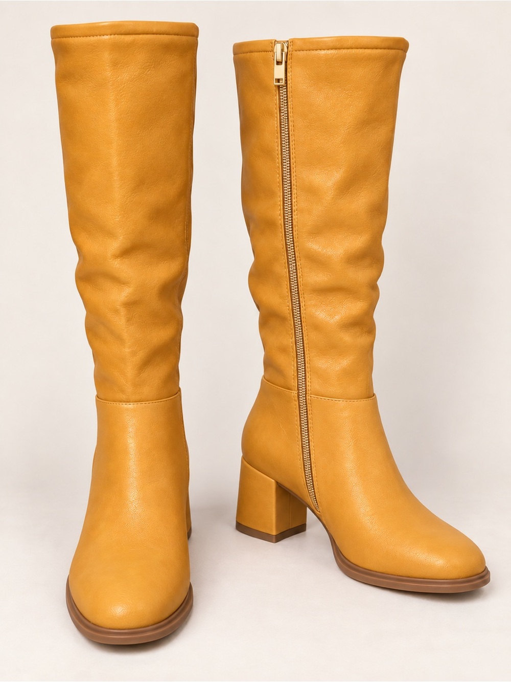 Knee-High Block Heel Boots in Mustard Yellow